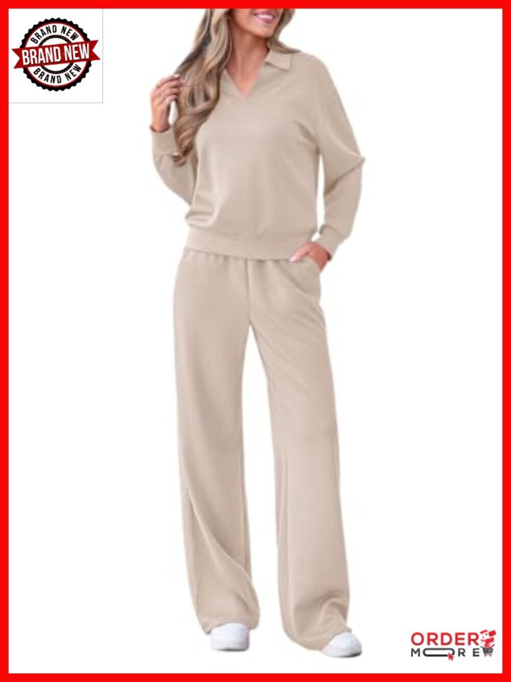 PRETTYGARDEN Womens 2 Piece Sweatsuit Set Polo Collar Top Wide Leg Pants
